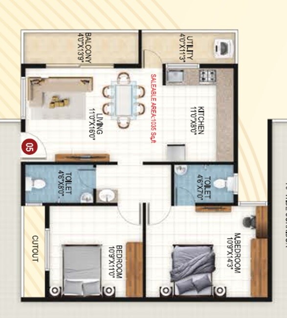 Floor plan of 2 BHK 1035 Sq. Ft. Apartment in SGK Sai Sonna Kodum, Bangalore