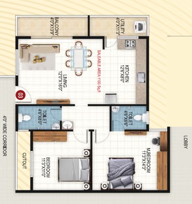 2 BHK 1100 Sq. Ft. Apartment