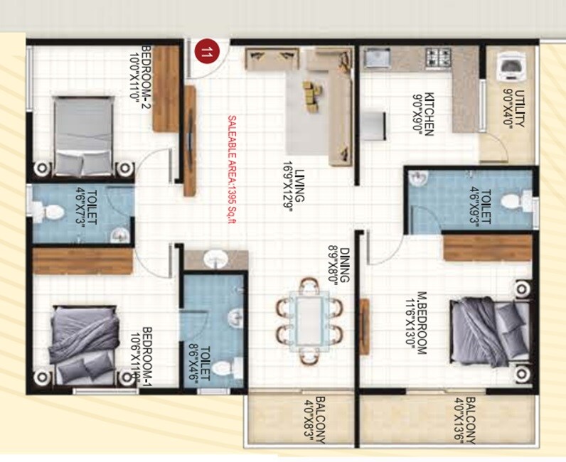 Floor plan of 3 BHK 1395 Sq. Ft. Apartment in SGK Sai Sonna Kodum, Bangalore