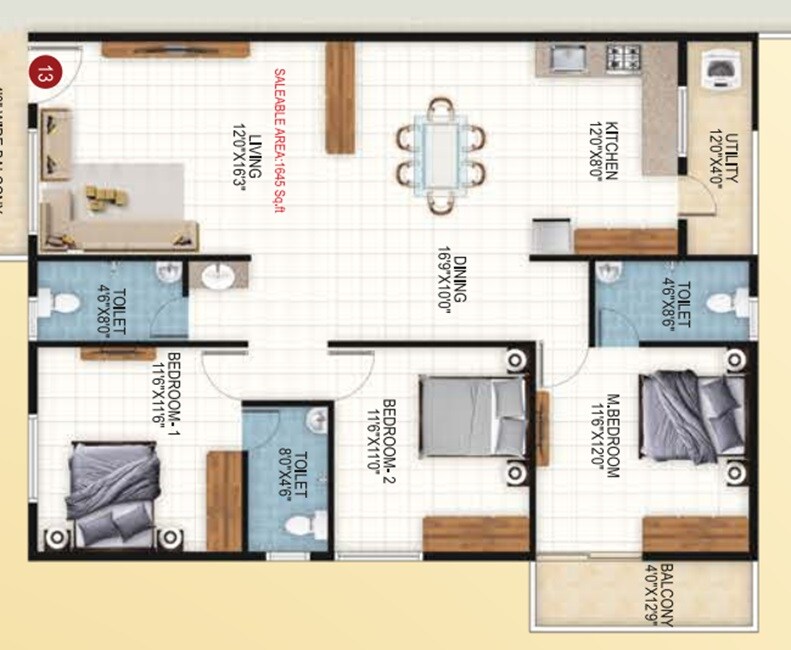 Floor plan of 3 BHK 1645 Sq. Ft. Apartment in SGK Sai Sonna Kodum, Bangalore