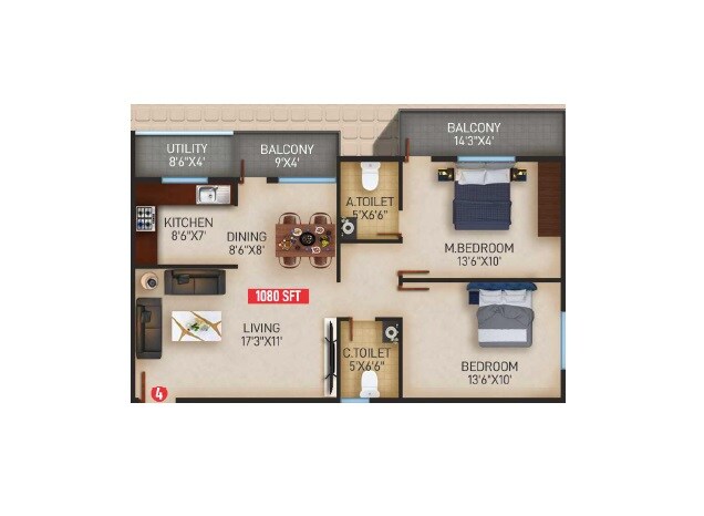 Floor plan of 2 BHK 1080 Sq. Ft. Apartment in SGM Petals, Bangalore