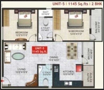 Floor plan of 2 BHK 1145 Sq. Ft. Apartment in SGS Highland, Bangalore