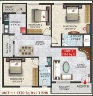 Floor plan of 3 BHK 1321 Sq. Ft. Apartment in SGS Highland, Bangalore