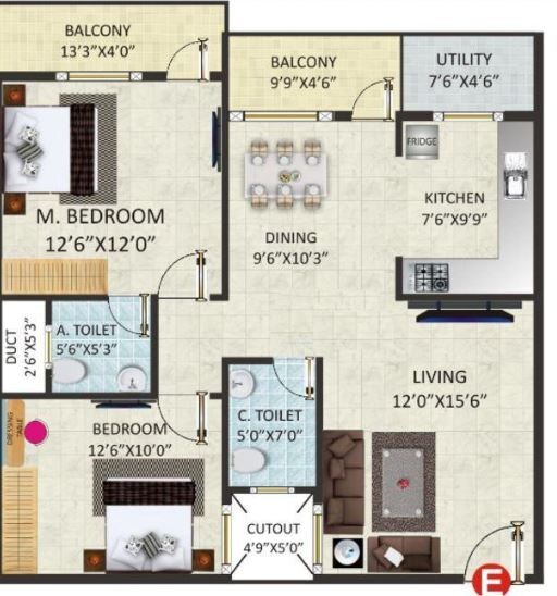 Floor plan of 2 BHK 1175 Sq. Ft. Apartment in SGS Highland Block B, Bangalore