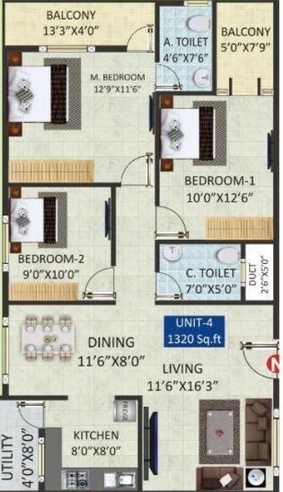 Floor plan of 3 BHK 1320 Sq. Ft. Apartment in SGS Highland Block B, Bangalore