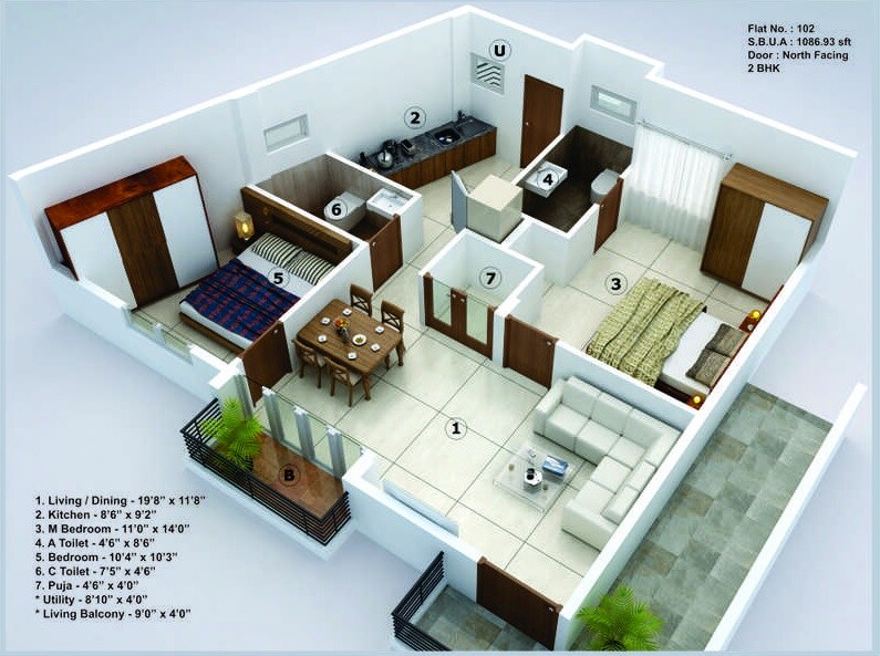 Floor plan of 2 BHK 1086 Sq. Ft. Apartment in Shakthi Kuteera, Bangalore