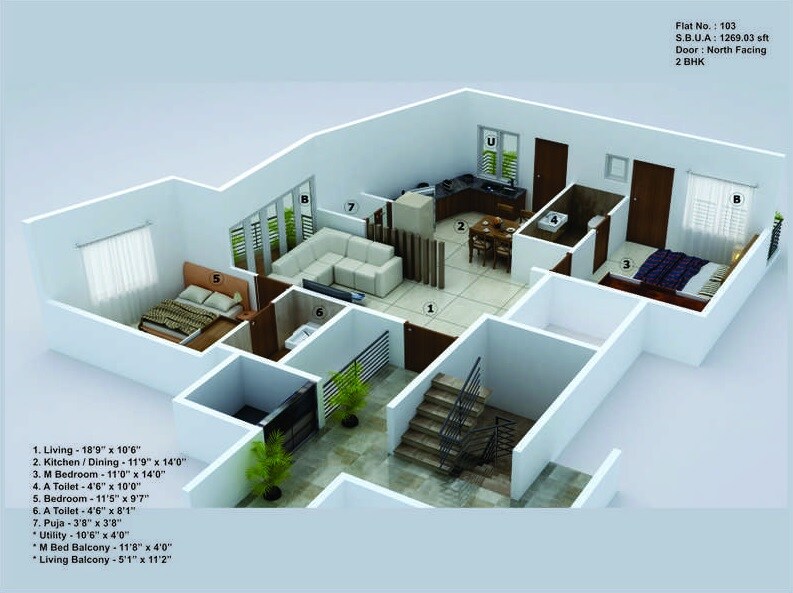Floor plan of 2 BHK 1269 Sq. Ft. Apartment in Shakthi Kuteera, Bangalore