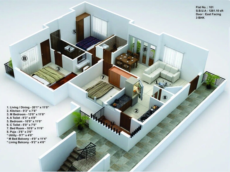 Floor plan of 3 BHK 1281 Sq. Ft. Apartment in Shakthi Kuteera, Bangalore