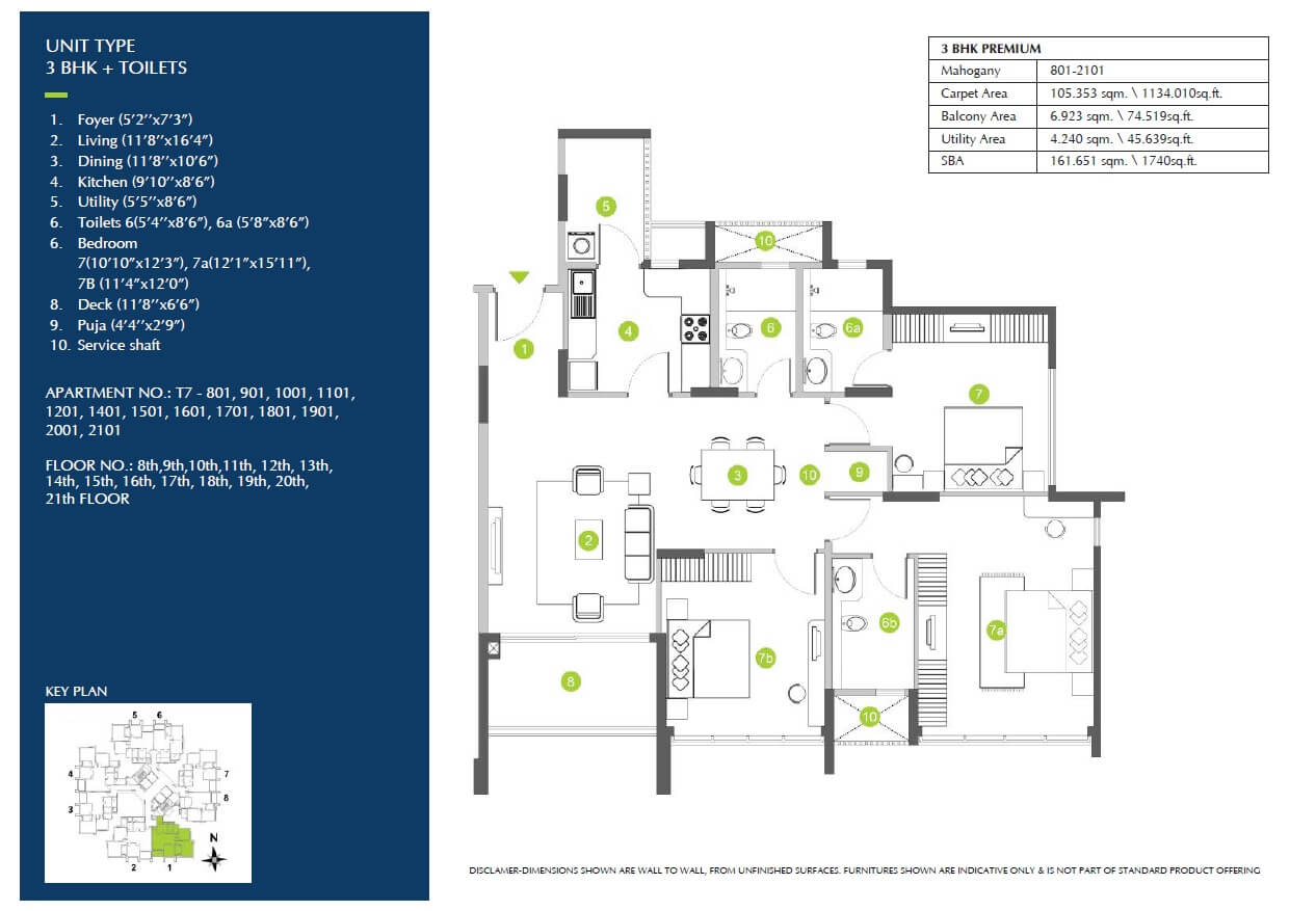 Floor plan of 3 BHK 1740 Sq. Ft. Apartment in Shapoorji Pallonji Park West Mahogany Tower, Bangalore