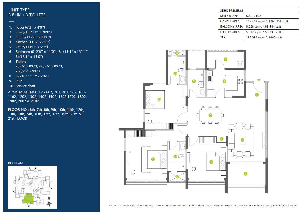 Floor plan of 3 BHK 1960 Sq. Ft. Apartment in Shapoorji Pallonji Park West Mahogany Tower, Bangalore