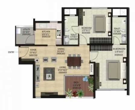 Floor plan of 4 BHK 1690 Sq. Ft. Apartment in Shapoorji Pallonji Park West Mahogany Tower, Bangalore
