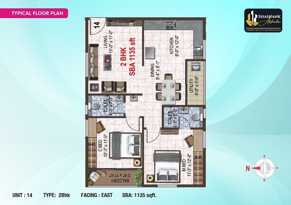Floor plan of 2 BHK 1135 Sq. Ft. Apartment in Shashank Akshaya, Bangalore