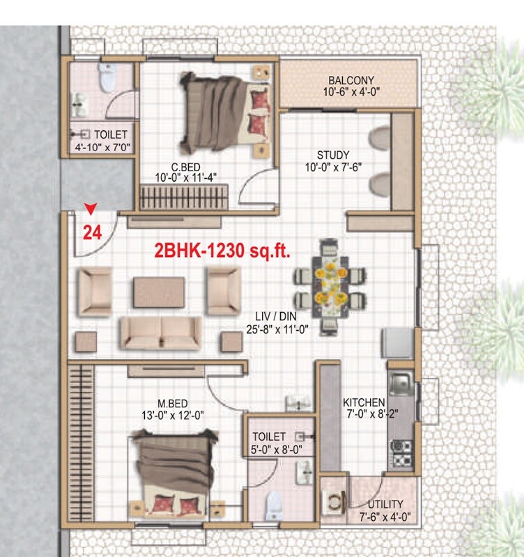 Floor plan of 2 BHK 1230 Sq. Ft. Apartment in Shashank Akshaya, Bangalore