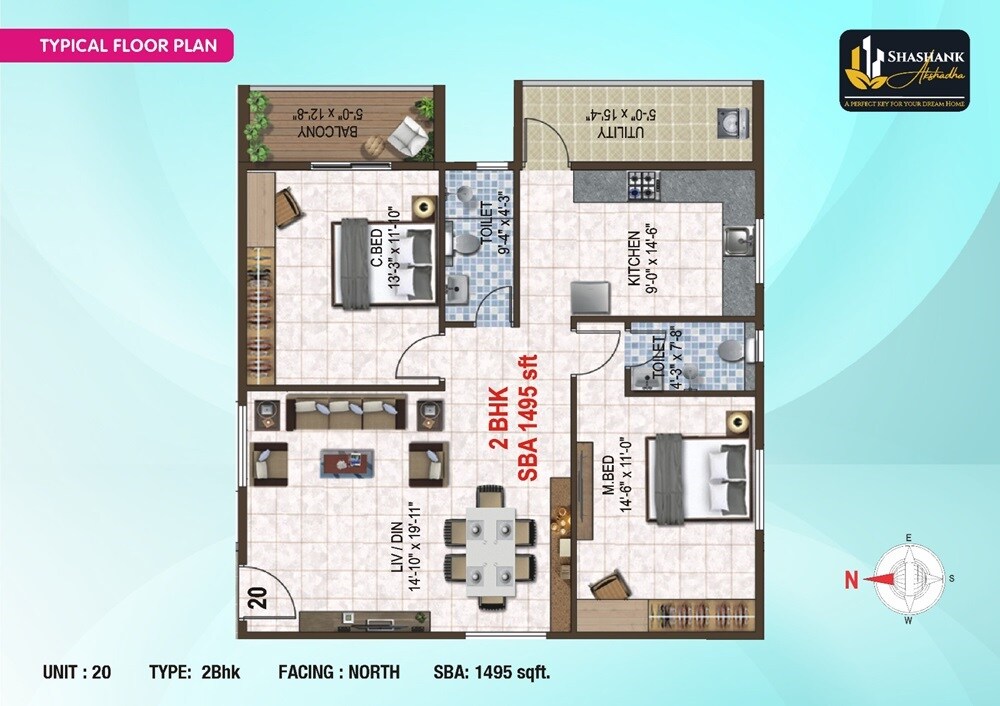 Floor plan of 2 BHK 1495 Sq. Ft. Apartment in Shashank Akshaya, Bangalore
