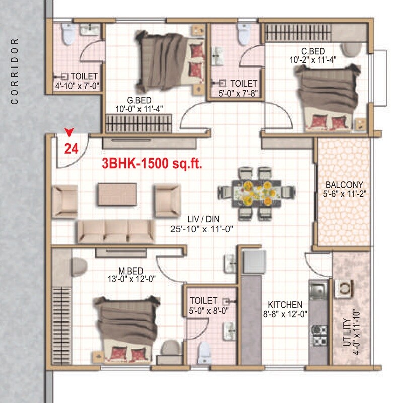 Floor plan of 3 BHK 1500 Sq. Ft. Apartment in Shashank Akshaya, Bangalore