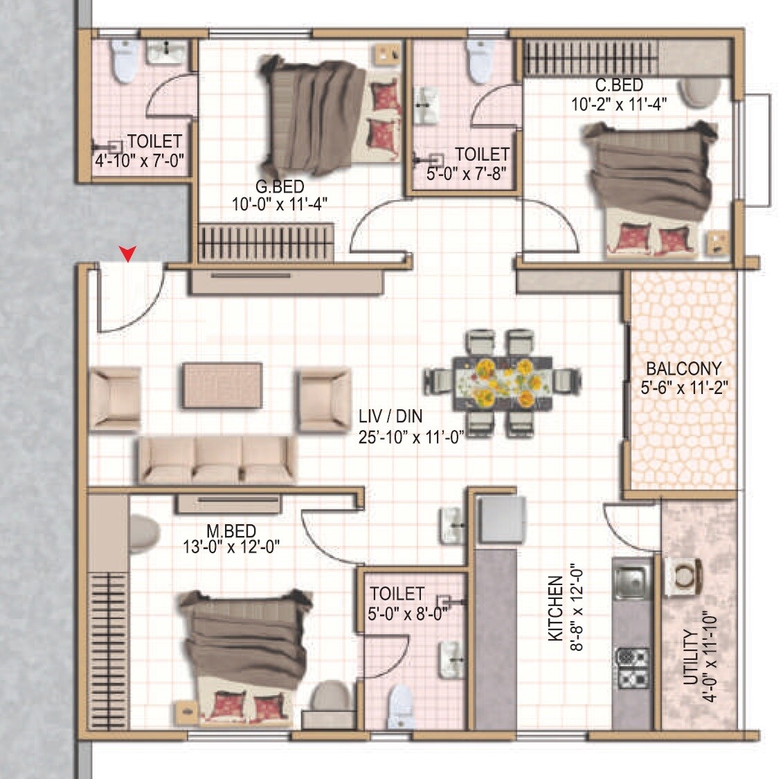 Floor plan of 3 BHK 1510 Sq. Ft. Apartment in Shashank Akshaya, Bangalore