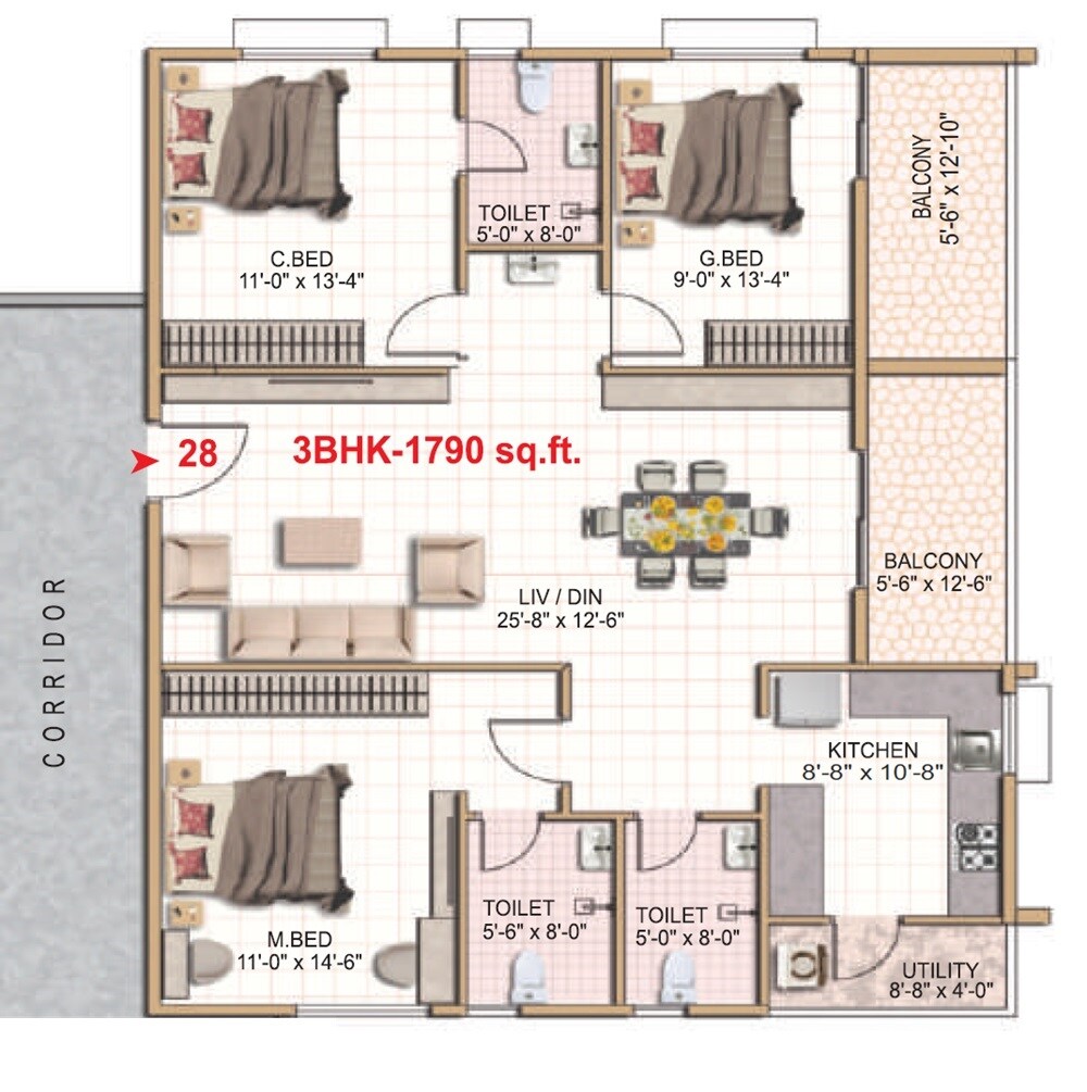 Floor plan of 3 BHK 1790 Sq. Ft. Apartment in Shashank Akshaya, Bangalore