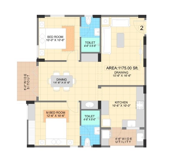 Floor plan of 2 BHK Apartment - 1175 sq. ft. in Shell Sapphire, Bangalore