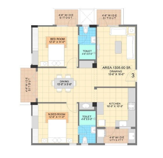 Floor plan of 2 BHK Apartment - 1335 sq. ft. in Shell Sapphire, Bangalore