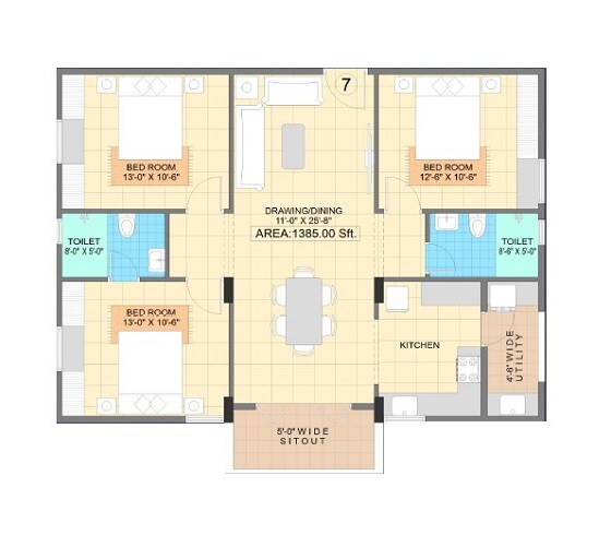 Floor plan of 3 BHK Apartment - 1385 sq. ft. in Shell Sapphire, Bangalore