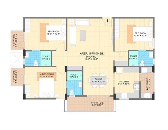Floor plan of 3 BHK Apartment - 1675 sq. ft. in Shell Sapphire, Bangalore
