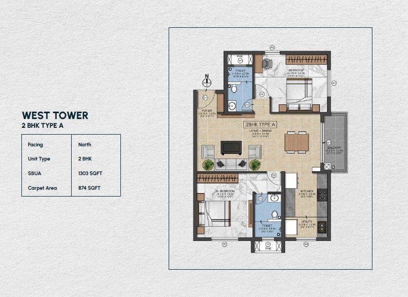 Floor plan of 2 BHK 1303 Sq. Ft. Apartment in Shilpa Rathna, Bangalore