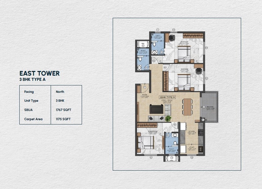 Floor plan of 3 BHK 1767 Sq. Ft. Apartment in Shilpa Rathna, Bangalore