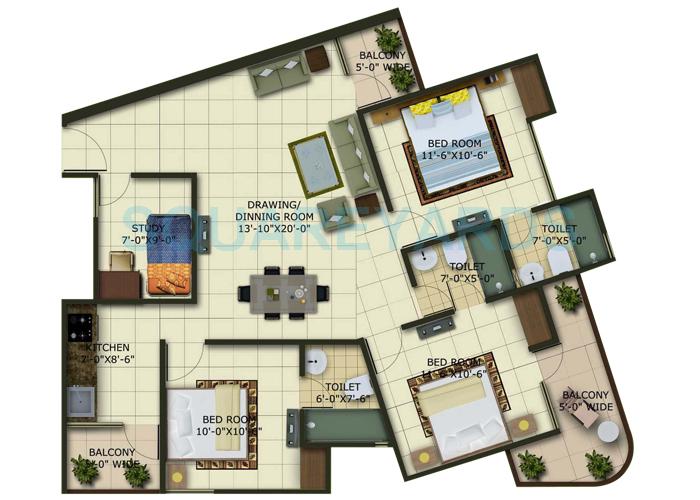 Floor plan of 3 BHK 2000 Sq. Ft. Apartment in Total Environment Shine On, Bangalore