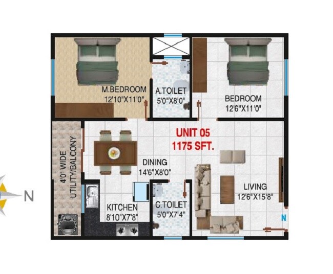 Floor plan of 2 BHK 1175 Sq. Ft. Apartment in Shivaganga AR Prakruthi, Bangalore