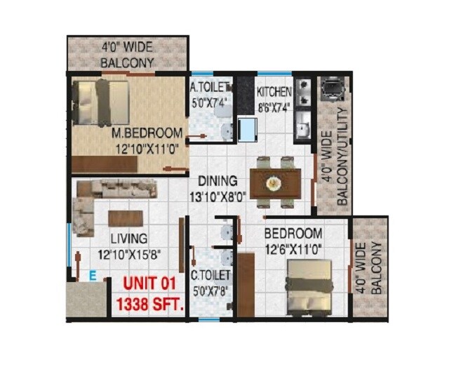 Floor plan of 2 BHK 1338 Sq. Ft. Apartment in Shivaganga AR Prakruthi, Bangalore