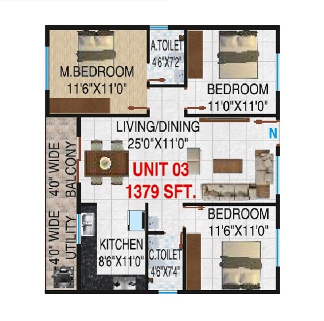 Floor plan of 3 BHK 1379 Sq. Ft. Apartment in Shivaganga AR Prakruthi, Bangalore