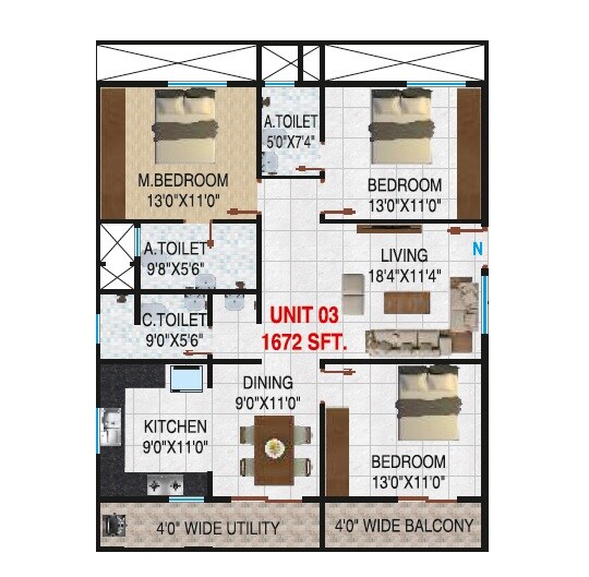 Floor plan of 3 BHK 1672 Sq. Ft. Apartment in Shivaganga AR Prakruthi, Bangalore