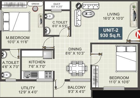 Floor plan of 2 BHK 903 Sq. Ft. Apartment in Shivaganga Harmony, Bangalore