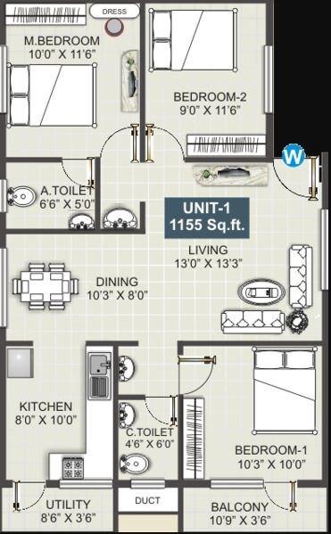 Floor plan of 3 BHK 1155 Sq. Ft. Apartment in Shivaganga Harmony, Bangalore