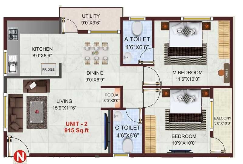 Floor plan of 2 BHK 915 Sq. Ft. Apartment in Shivaganga Mahalasa, Bangalore