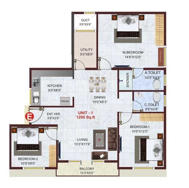Floor plan of 3 BHK 1295 Sq. Ft. Apartment in Shivaganga Mahalasa, Bangalore