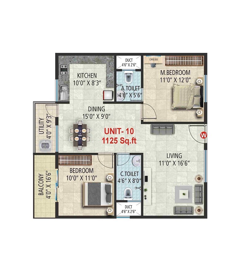 Floor plan of 2 BHK 985 Sq. Ft. Apartment in Shivaganga Sai Raksha, Bangalore