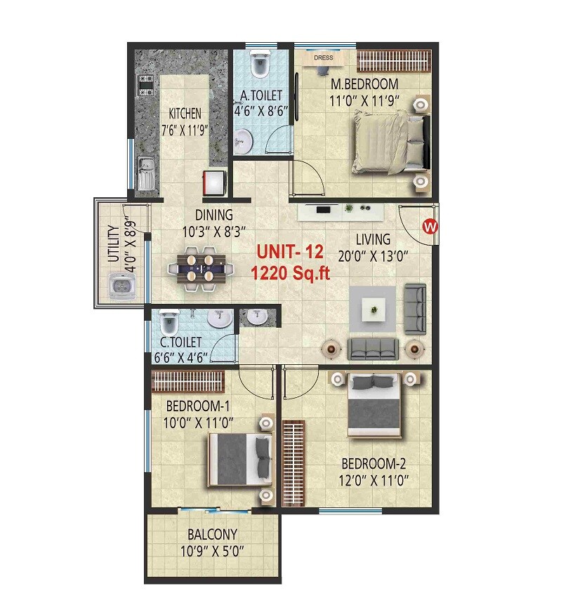 Floor plan of 3 BHK 1220 Sq. Ft. Apartment in Shivaganga Sai Raksha, Bangalore