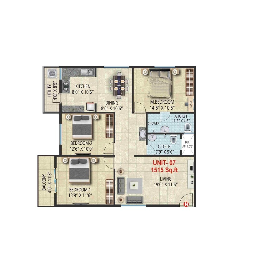 Floor plan of 3 BHK 1515 Sq. Ft. Apartment in Shivaganga Sai Raksha, Bangalore