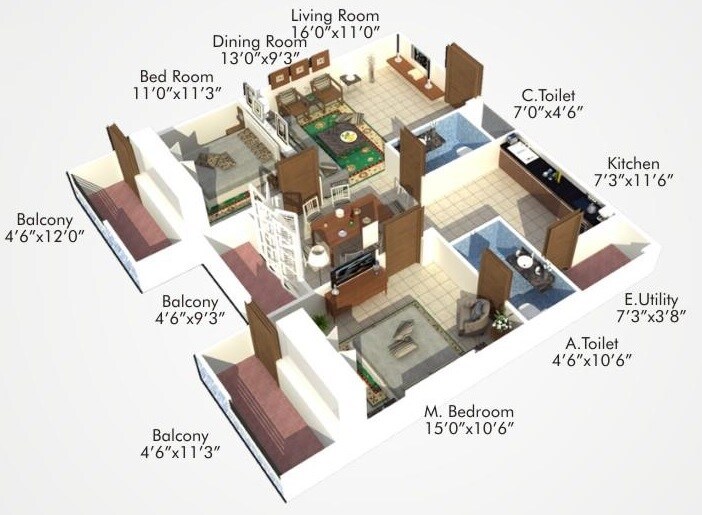 Floor plan of 2 BHK 1171 Sq. Ft. Apartment in Shoban Silver Domicile, Bangalore