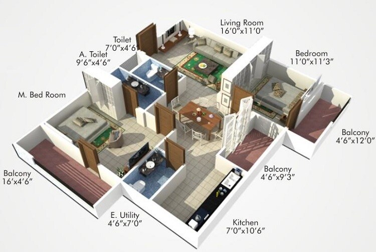 Floor plan of 2 BHK 1236 Sq. Ft. Apartment in Shoban Silver Domicile, Bangalore