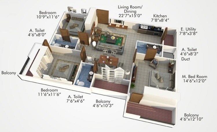Floor plan of 3 BHK 1576 Sq. Ft. Apartment in Shoban Silver Domicile, Bangalore