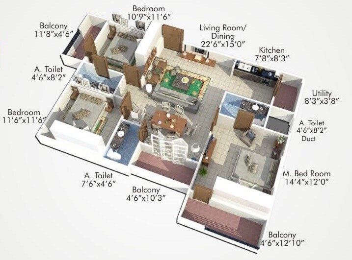 Floor plan of 3 BHK 1639 Sq. Ft. Apartment in Shoban Silver Domicile, Bangalore