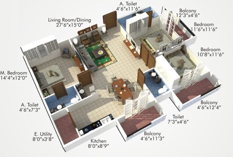 Floor plan of 3 BHK 1850 Sq. Ft. Apartment in Shoban Silver Domicile, Bangalore