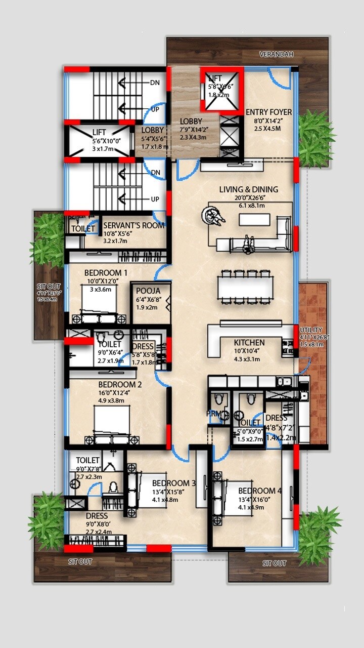 Floor plan of 4 BHK 3497 Sq. Ft. Apartment in Shravanee Vista Gardenia, Bangalore