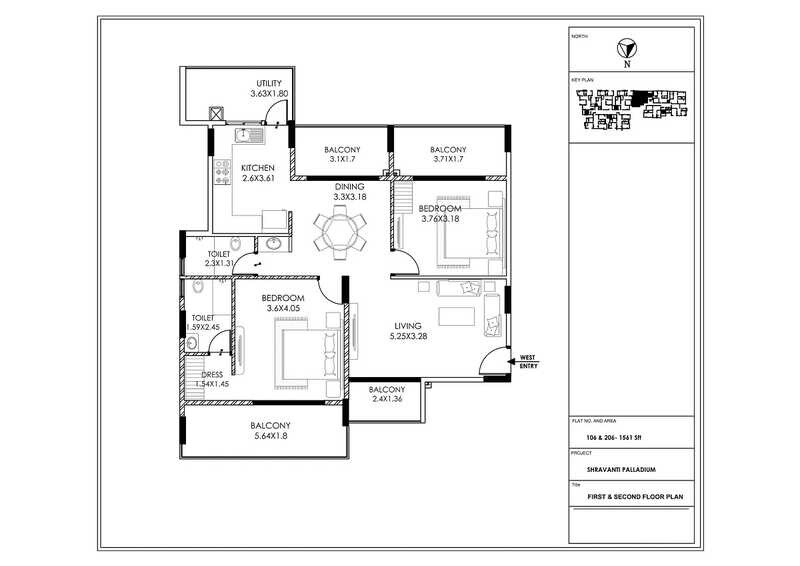 Floor plan of 2 BHK 1561 Sq. Ft. Apartment in Shravanthi Palladium, Bangalore