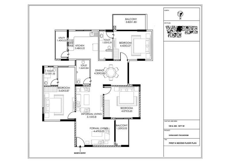 Floor plan of 3 BHK 1877 Sq. Ft. Apartment in Shravanthi Palladium, Bangalore