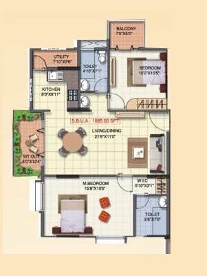 Floor plan of 2 BHK 1085 Sq. Ft. Apartment in Shravanthi Pragathi, Bangalore