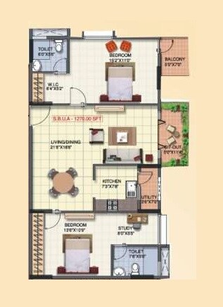 Floor plan of 2 BHK 1270 Sq. Ft. Apartment in Shravanthi Pragathi, Bangalore
