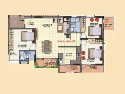 Floor plan of 3 BHK 1480 Sq. Ft. Apartment in Shravanthi Pragathi, Bangalore